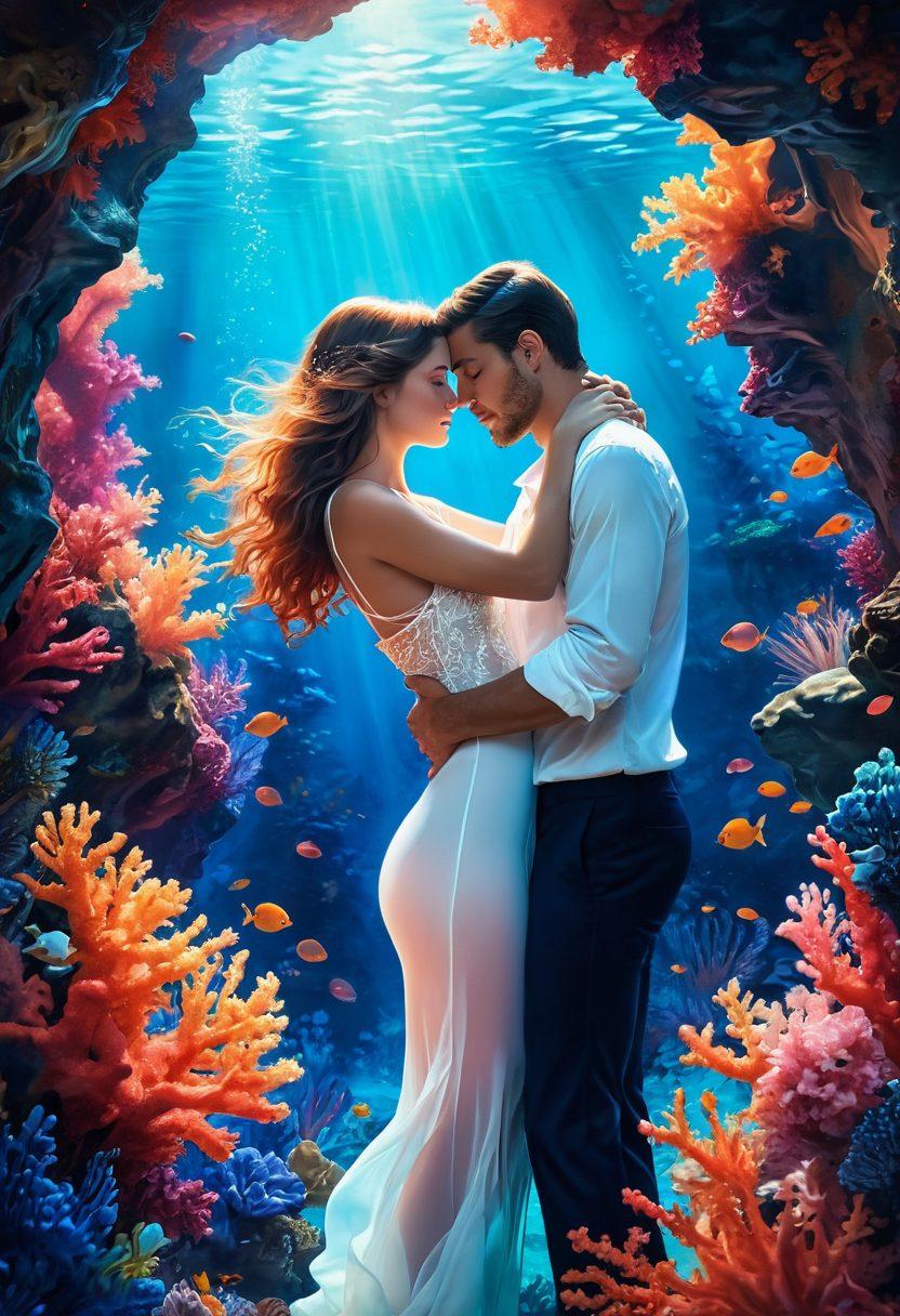 A dreamy underwater scene depicting a couple entwined in a passionate embrace, surrounded by vibrant coral reefs and exotic marine life. Soft, ethereal lighting enhances the mood, while bubbles form around them, symbolizing the depths of desire. The color palette should be rich with deep blues and warm coral tones to evoke emotions of love and intimacy. super-realistic. vibrant colors. ethereal lighting.